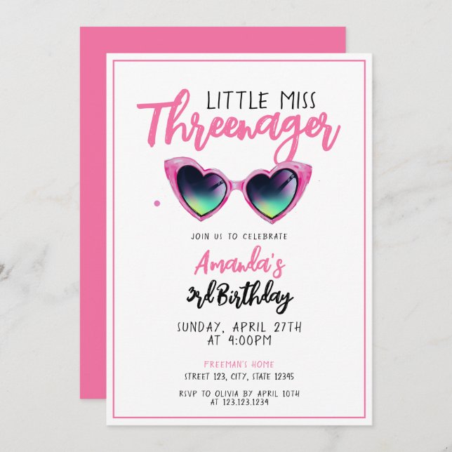 Playful Pink Sunglasses Threenager 3rd Birthday Invitation (Front/Back)