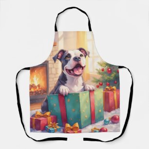 Playful Pitbull Opening Christmas Gifts Holiday Apron