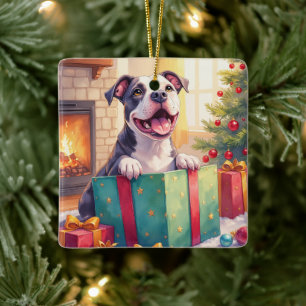 Playful Pitbull Opening Christmas Gifts Holiday Ceramic Ornament