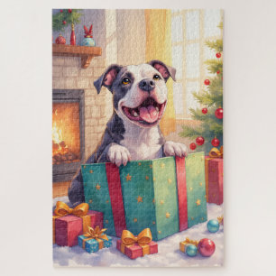 Playful Pitbull Opening Christmas Gifts Holiday Jigsaw Puzzle