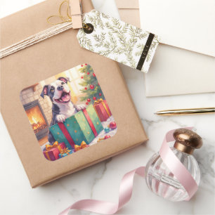 Playful Pitbull Opening Christmas Gifts Holiday Square Sticker