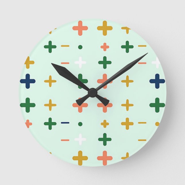 Playful Plus Signs Geometric Retro Pattern Round Clock (Front)