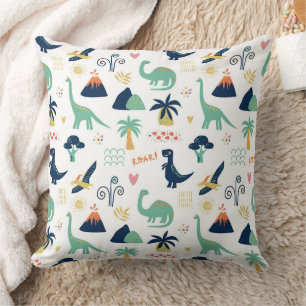 Playful Prehistoric Dinosaur & Volcano Pattern Throw Pillow