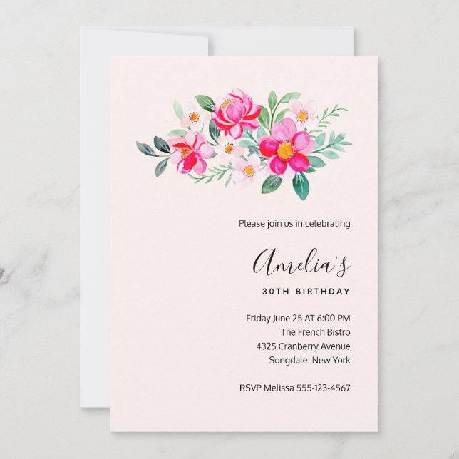  Playful Pretty Pink Flower Bouquet Birthday Invitation (Front)
