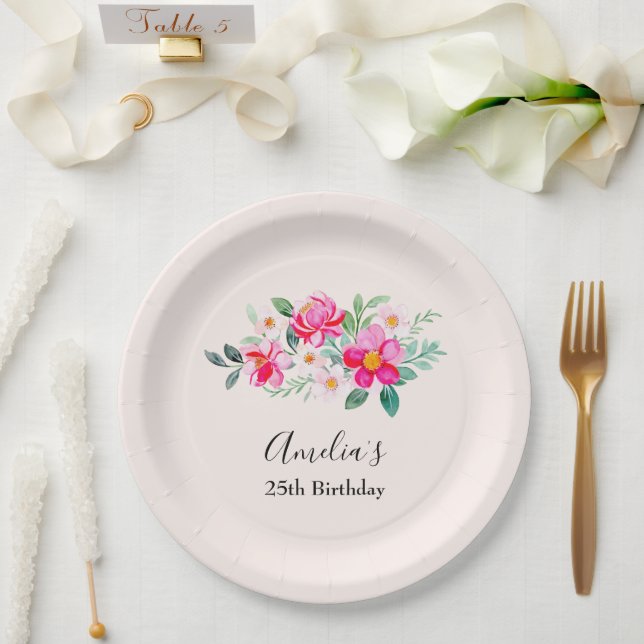 Playful Pretty Pink Flower Bouquet Birthday Paper Plate (Wedding)