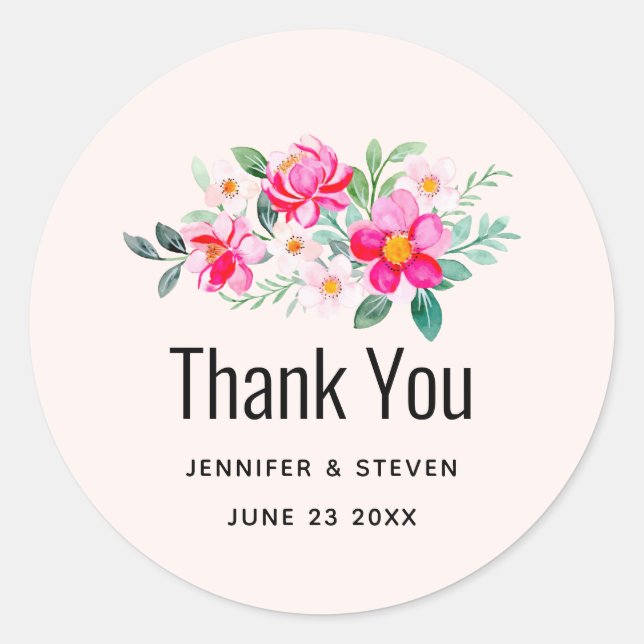 Playful Pretty Pink Flower Bouquet Thank You Classic Round Sticker (Front)