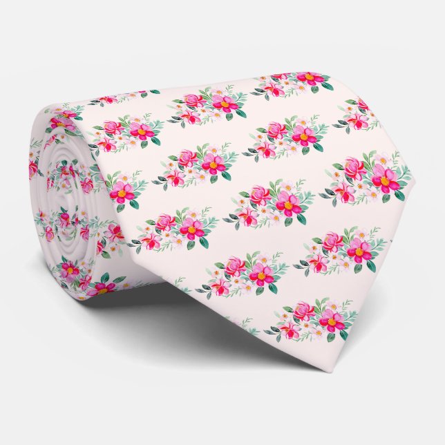 Playful Pretty Pink Flower Bouquet Tie (Rolled)