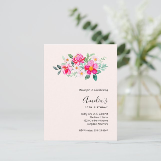 Playful Pretty Pink Flowers Birthday Invitation (Standing Front)