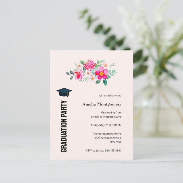  Playful Pretty Pink Flowers Graduation Party Invitation Postcard (Standing Front)