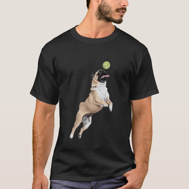 Playful Pug Fetching Chasing Tennis Ball T-Shirt (Front)