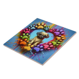 Playful Pug in Colourful Heart Print Tile