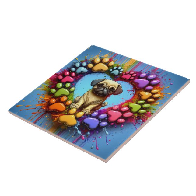 Playful Pug in Colourful Heart Print Tile (Side)