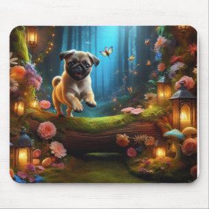 Playful Pug Puppy in Enchanted Forest Mouse Pad