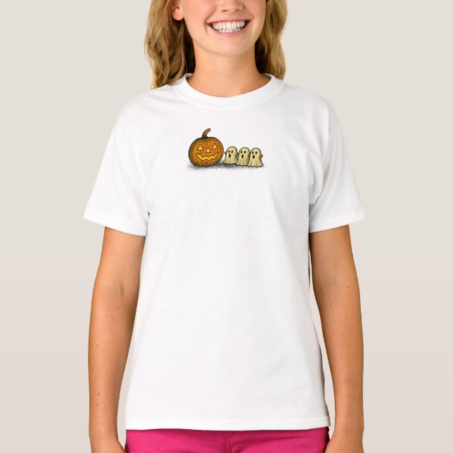 Playful Pumpkin with Three Spooky Ghosts T-Shirt (Front)