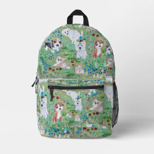 Playful Puppies in Meadow Hand-Painted Art Backpac Printed Backpack