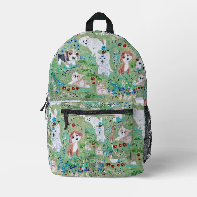 Playful Puppies in Meadow Hand-Painted Art Backpac Printed Backpack (Front)