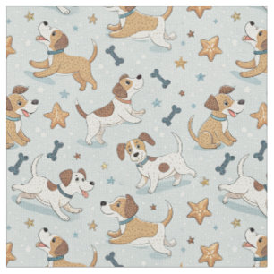 Playful Puppy Chasing Stars - Kids Cartoon Pattern Fabric