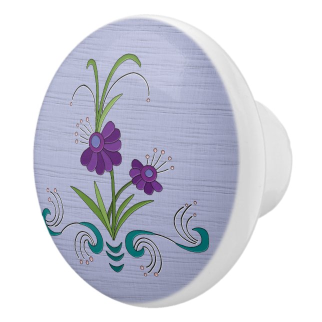 Playful Purple Flower w/Tumbling Teal Swirls Ceramic Knob (Right)