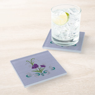 Playful Purple Flower w/Tumbling Teal Swirls Glass Coaster
