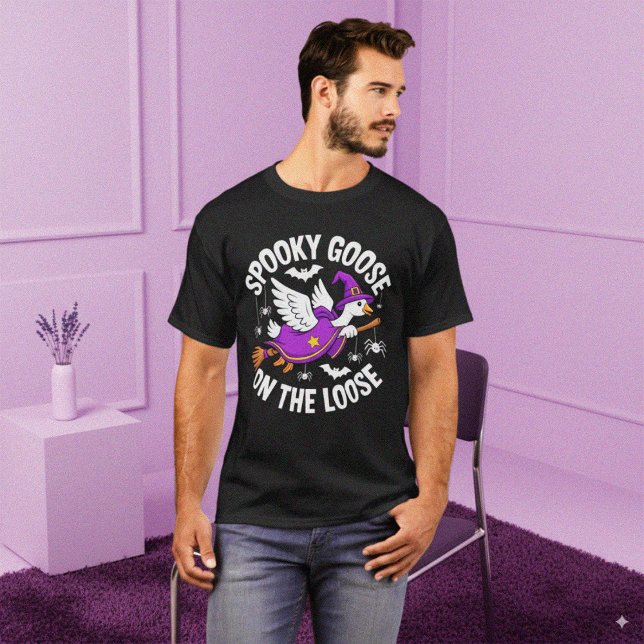 Playful Purple Halloween Goose Witch Cartoon T-Shirt (Creator Uploaded)