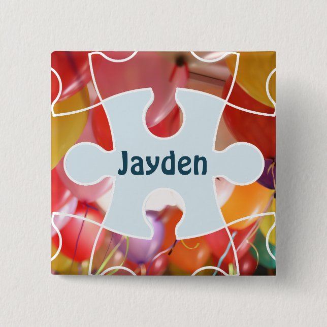 Playful Puzzle Balloon Birthday Party Name 2 Inch Square Button (Front)