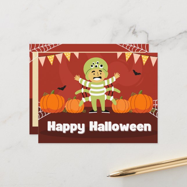 Playful Red and Orange Happy Halloween  Holiday Postcard (Front/Back In Situ)