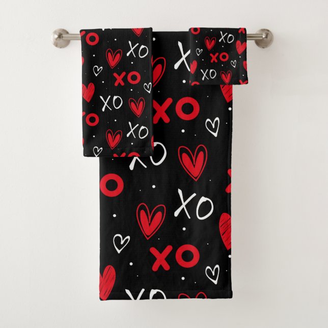 Playful Red & Black XO Heart Pattern on Black Bath Towel Set (Insitu)
