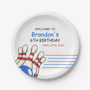 Playful Red & Blue Bowling Themed 6th Birthday Paper Plate