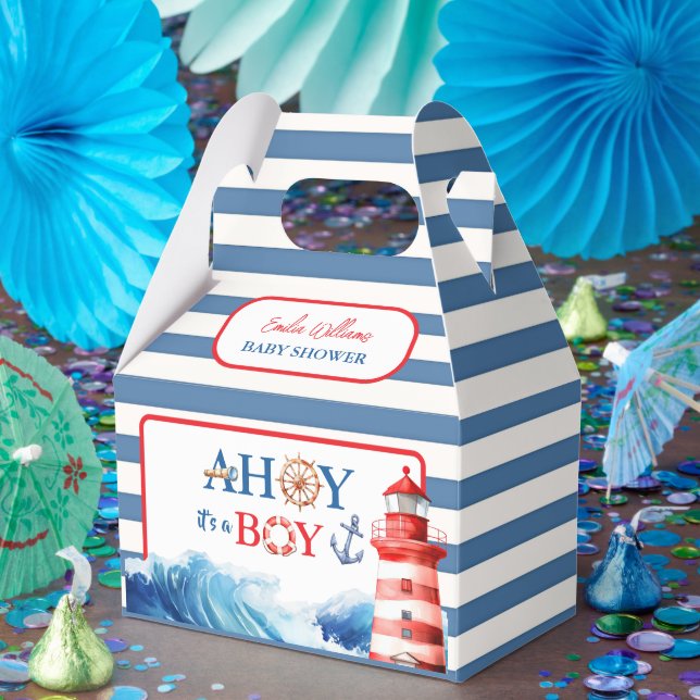 Playful Red Blue Nautical Waves Baby Shower Favor Box (Party)