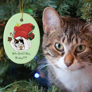 Playful Red Christmas Calico Kitten Holidays Ceramic Ornament