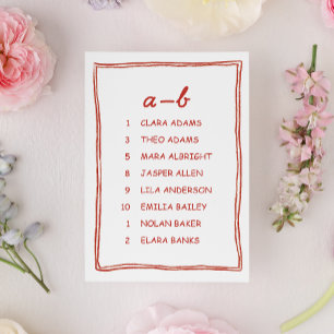 Playful Red Doodle Alphabet Seating Chart Table Number