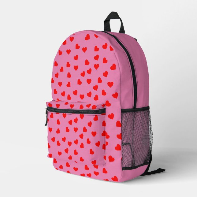 Playful Red Hearts Happy Pink Printed Backpack (Back Corner Right)