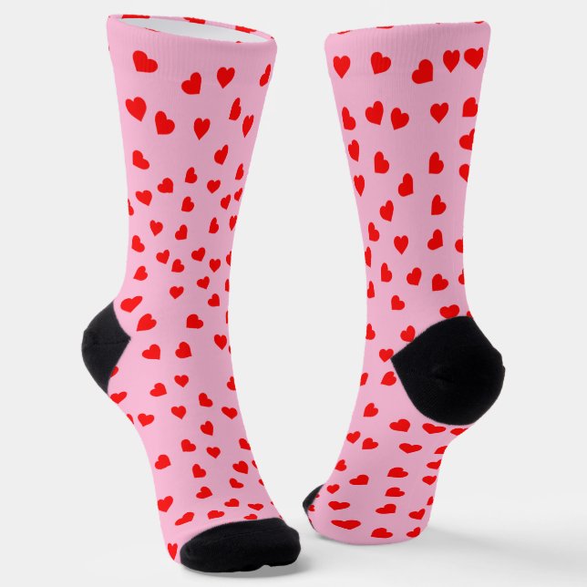 Playful Red Hearts Pastel Pink Socks (Angled)