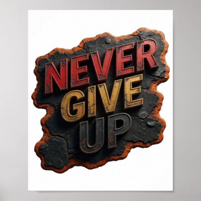 Playful Red NEVER GIVE UP Slogan Tee Poster (Front)