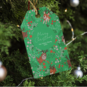 Playful Reindeer Dogs on Holiday Green – Christmas Gift Tags