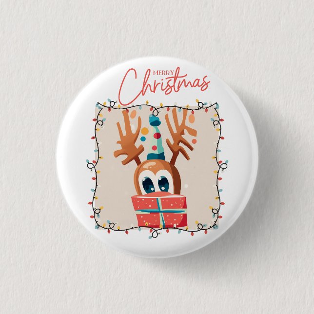 Playful Reindeer with Gift  1 Inch Round Button (Front)