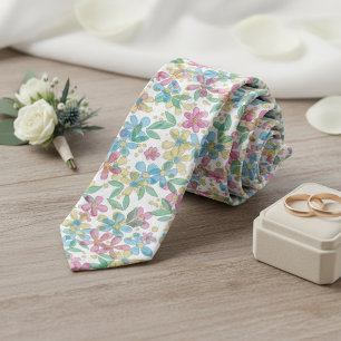 Playful Retro Blue Pink Floral Wedding Necktie