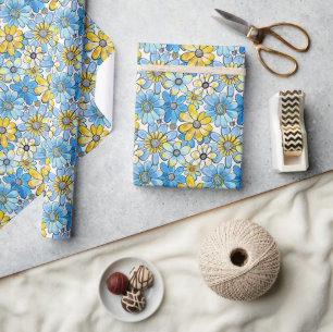 Playful Retro Floral Pattern, Soft Blue and Yellow Wrapping Paper