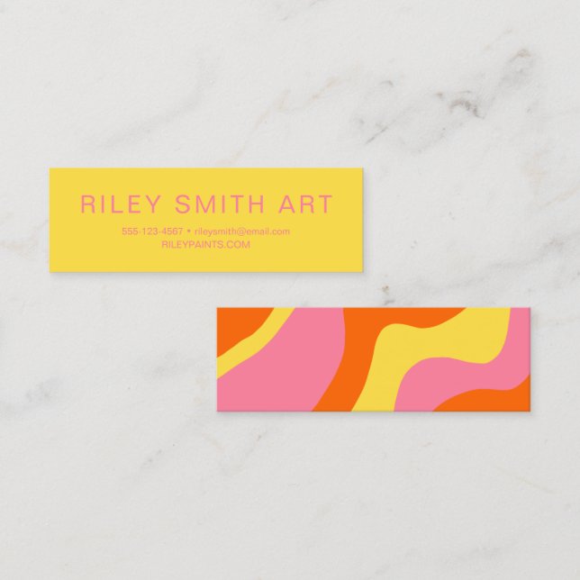 Playful Retro Groovy Orange Yellow Pink Abstract Mini Business Card (Front/Back)
