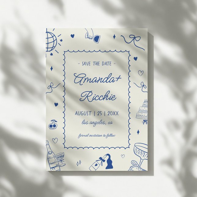 Playful Retro Hand Drawn Whimsical Doodle Wedding Save The Date (Creator Uploaded)