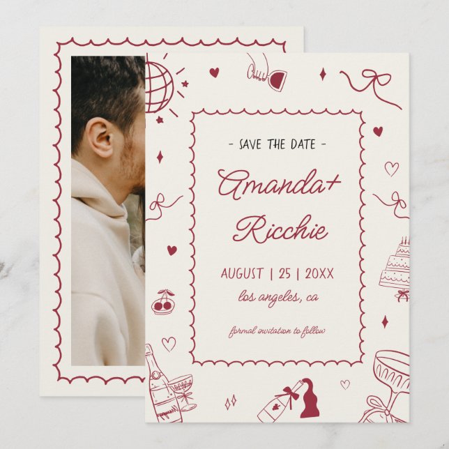 Playful Retro Hand Drawn Whimsical Doodle Wedding Save The Date (Front/Back)