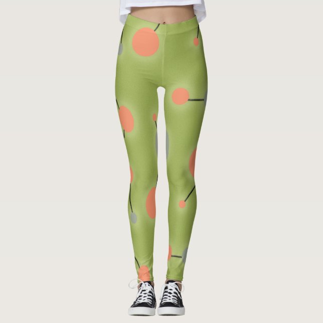 Playful Retro Large Molecules Universe Peach Green Leggings (Front)