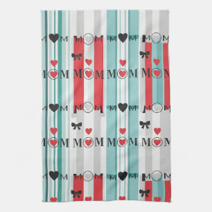 Playful Retro Mom with Hearts & Turquoise Stripes Kitchen Towel