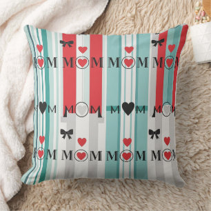 Playful Retro Mom with Hearts & Turquoise Stripes Throw Pillow