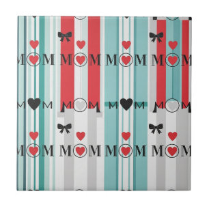 Playful Retro Mom with Hearts & Turquoise Stripes Tile