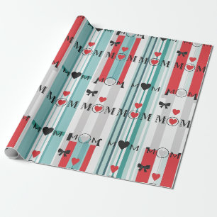 Playful Retro Mom with Hearts & Turquoise Stripes Wrapping Paper