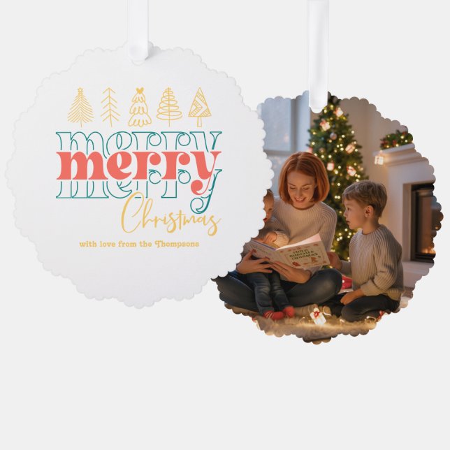 Playful Retro Scribbles Merry Christmas Keepsake Ornament Card (Front/Back)