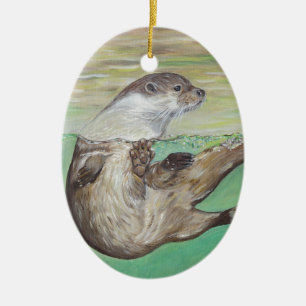Playful River Otter Ceramic Ornament