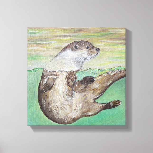 Playful River Otter Painting Canvas Print (Front)