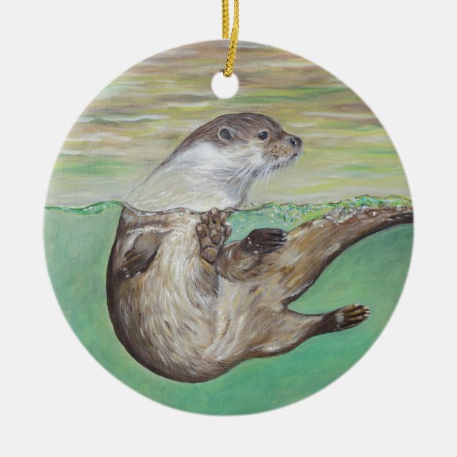 Playful River Otter Painting Ceramic Ornament (Front)